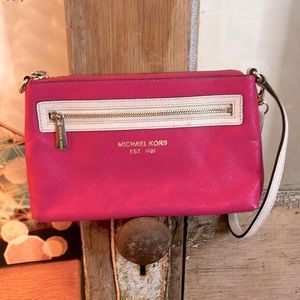 MICHAEL KORS Hot Pink Wristlet Cream Trim Gold Hardware
